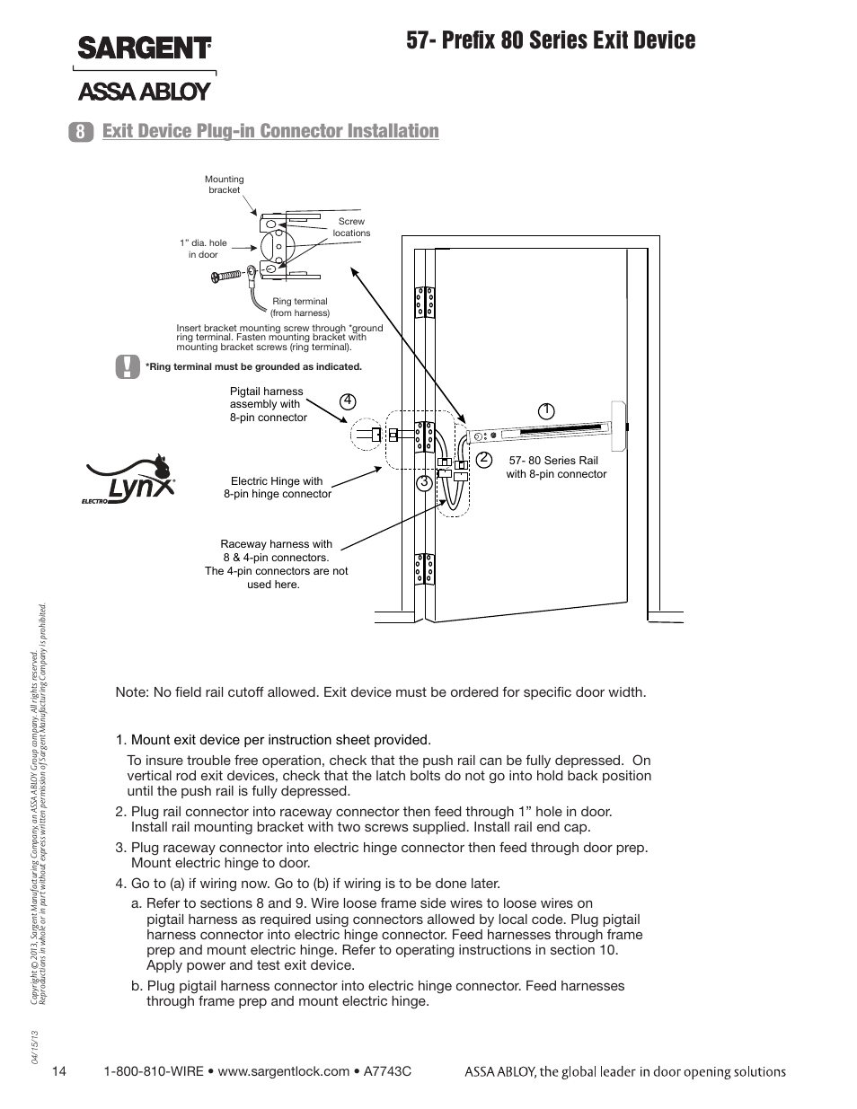 Prefix 80 series exit device, Exit device plug-in connector installation 8 | SARGENT 57 - Delayed Egress User Manual | Page 14 / 24