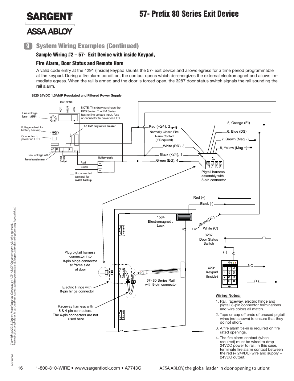 Prefix 80 series exit device, System wiring examples (continued) 9 | SARGENT 57 - Delayed Egress User Manual | Page 16 / 24