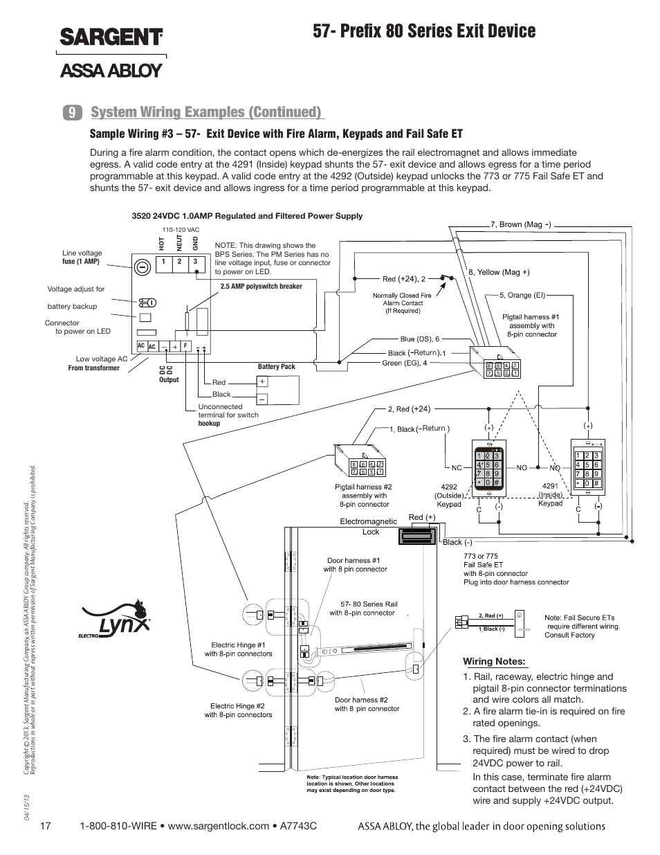 Prefix 80 series exit device, System wiring examples (continued) 9 | SARGENT 57 - Delayed Egress User Manual | Page 17 / 24