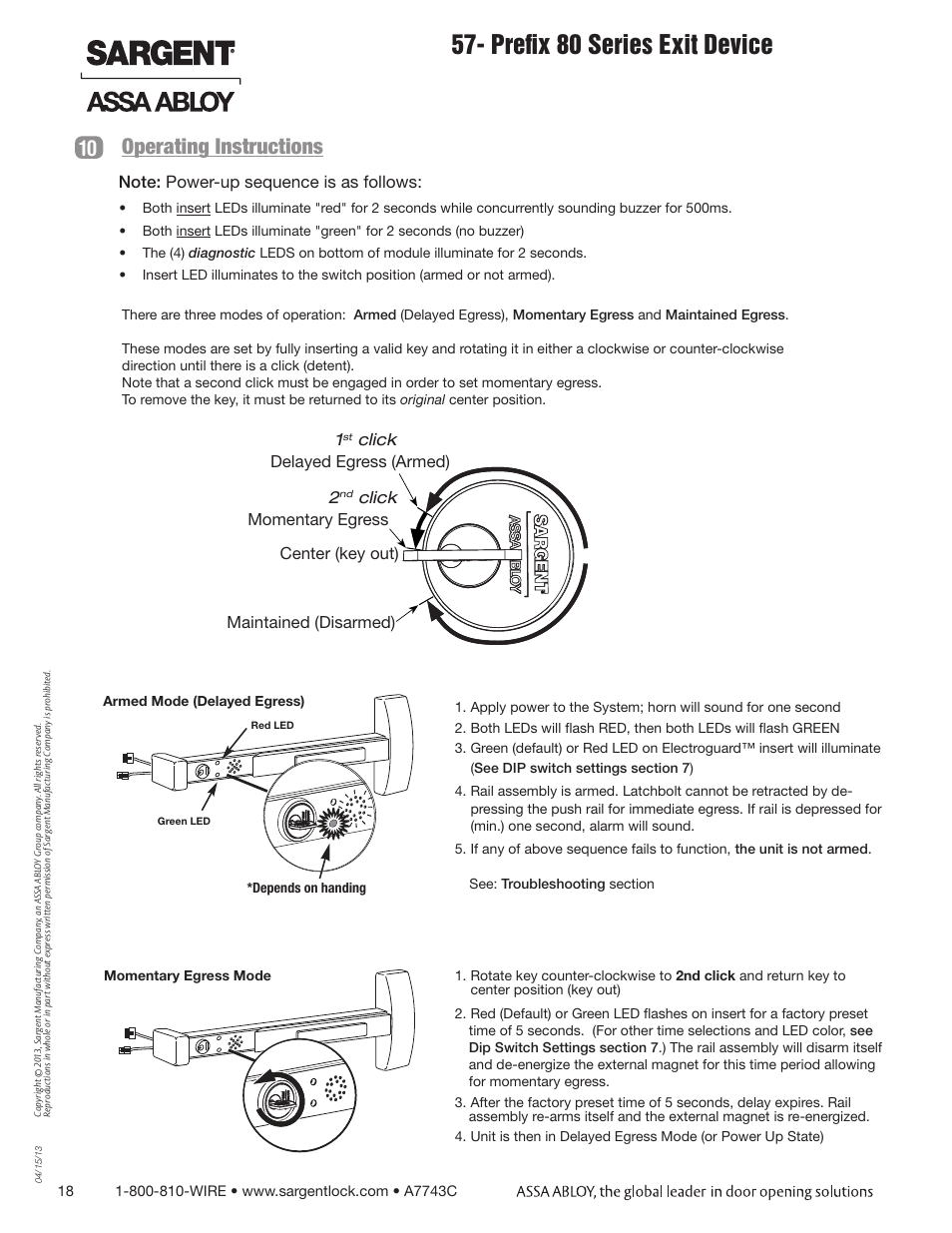 Prefix 80 series exit device, Operating instructions | SARGENT 57 - Delayed Egress User Manual | Page 18 / 24