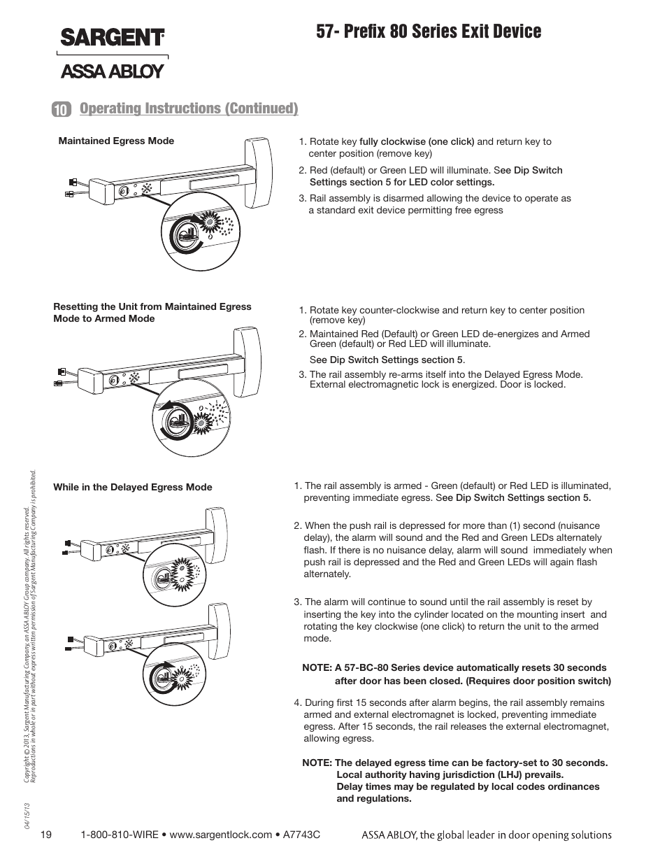 Prefix 80 series exit device, Operating instructions (continued) 10 | SARGENT 57 - Delayed Egress User Manual | Page 19 / 24