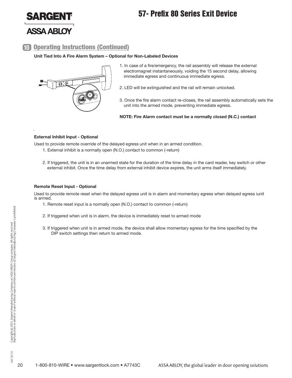 Prefix 80 series exit device, Operating instructions (continued) | SARGENT 57 - Delayed Egress User Manual | Page 20 / 24