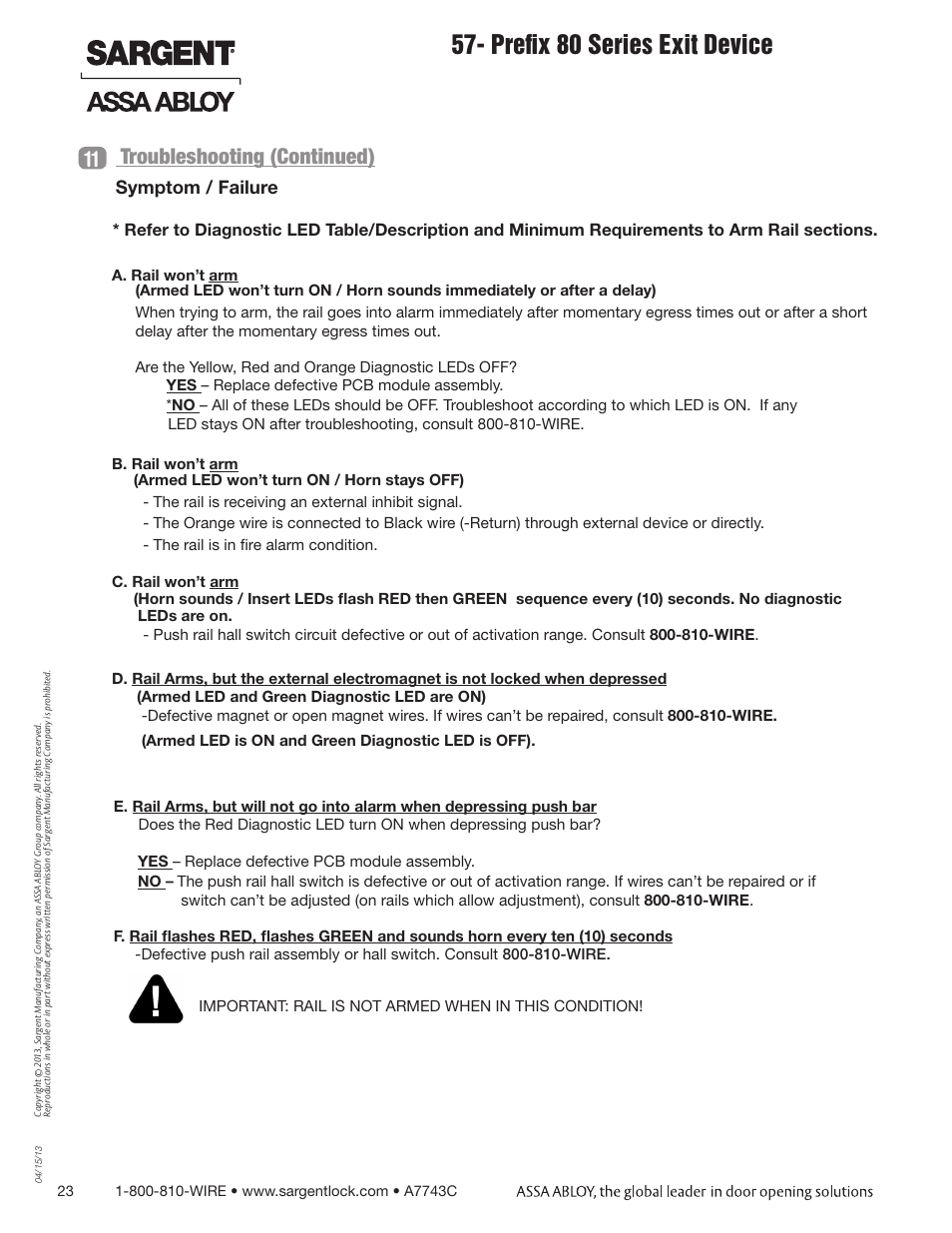 Prefix 80 series exit device, Troubleshooting (continued), Symptom / failure | SARGENT 57 - Delayed Egress User Manual | Page 23 / 24