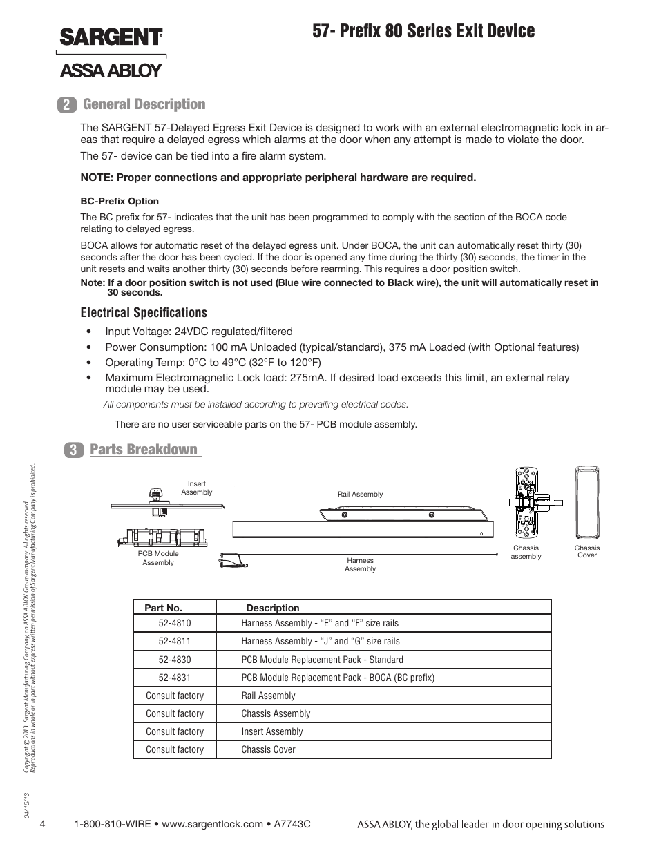 Prefix 80 series exit device, 2general description, Parts breakdown 3 | Electrical specifications | SARGENT 57 - Delayed Egress User Manual | Page 4 / 24