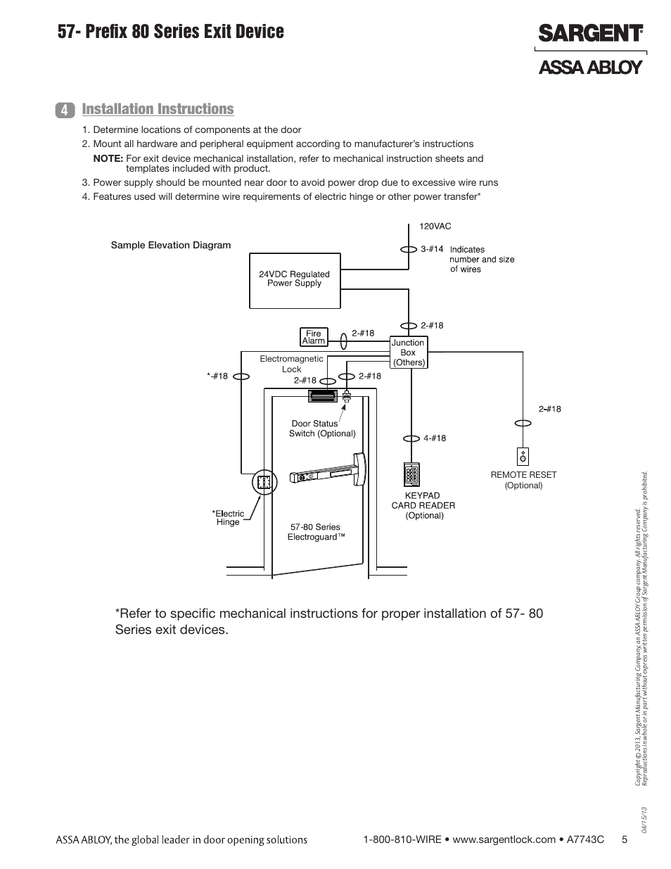 Prefix 80 series exit device, Installation instructions, Sample elevation diagram | SARGENT 57 - Delayed Egress User Manual | Page 5 / 24