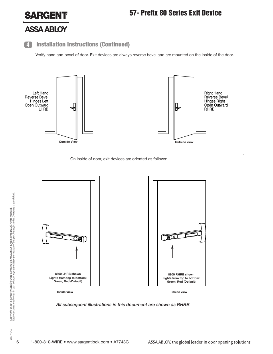 Prefix 80 series exit device, Installation instructions (continued) | SARGENT 57 - Delayed Egress User Manual | Page 6 / 24