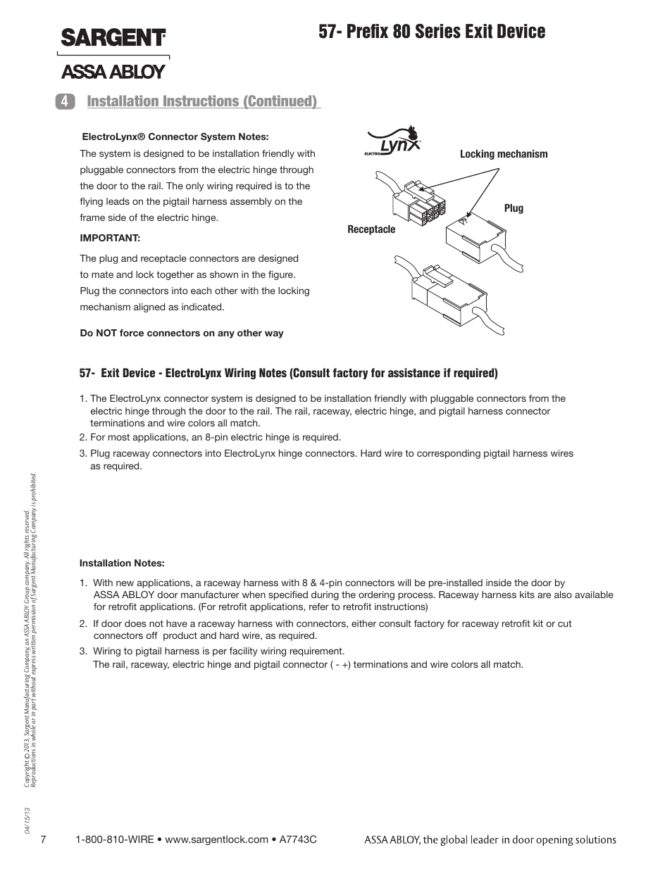 Prefix 80 series exit device, 4installation instructions (continued) | SARGENT 57 - Delayed Egress User Manual | Page 7 / 24