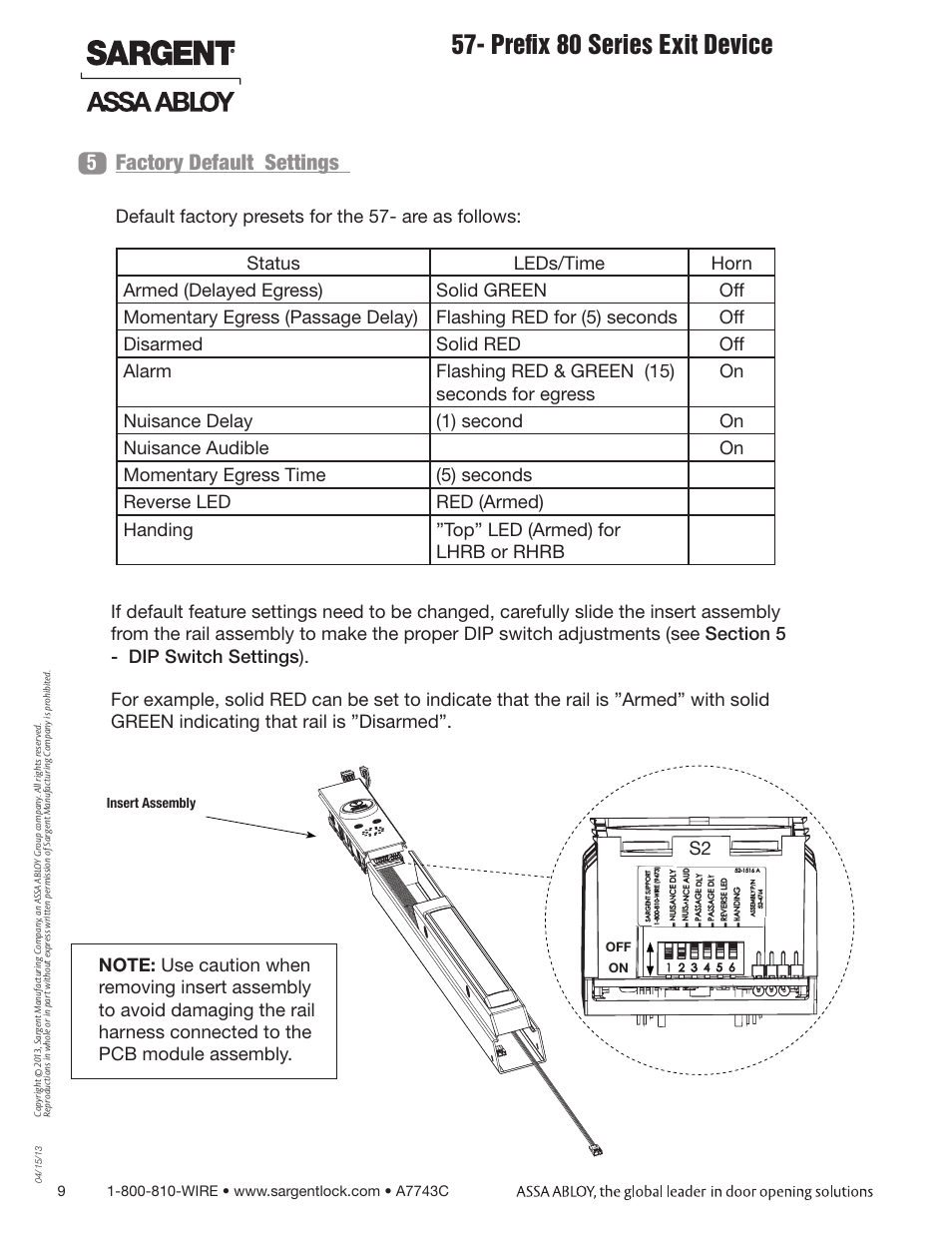 Prefix 80 series exit device, 5factory default settings | SARGENT 57 - Delayed Egress User Manual | Page 9 / 24