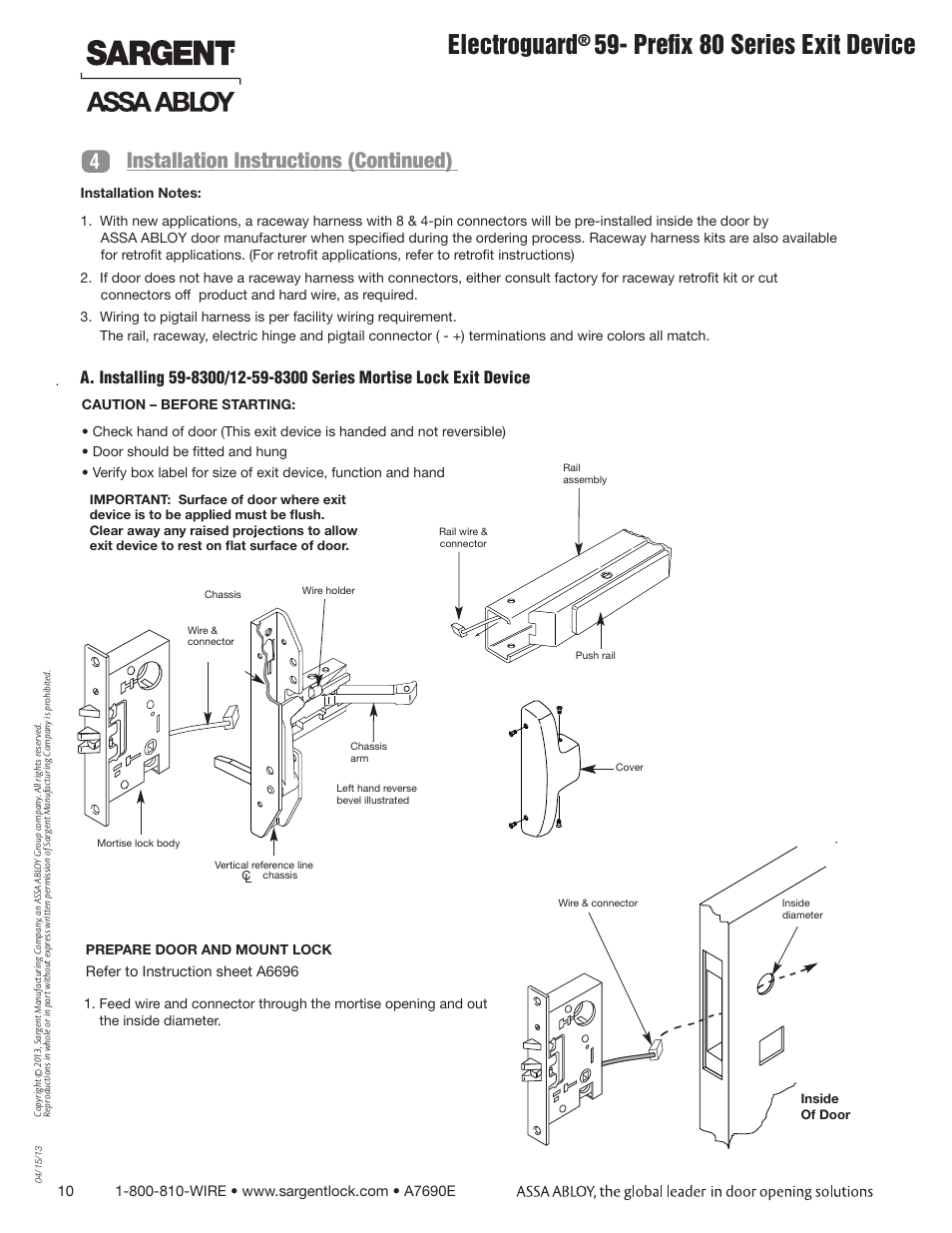 Electroguard, Prefix 80 series exit device, 4installation instructions (continued) | SARGENT FM8700 Surface Vertical Rod Exit Device User Manual | Page 10 / 36