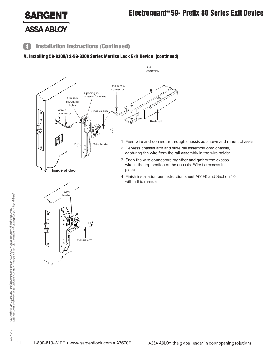 Electroguard, Prefix 80 series exit device, 4installation instructions (continued) | SARGENT FM8700 Surface Vertical Rod Exit Device User Manual | Page 11 / 36