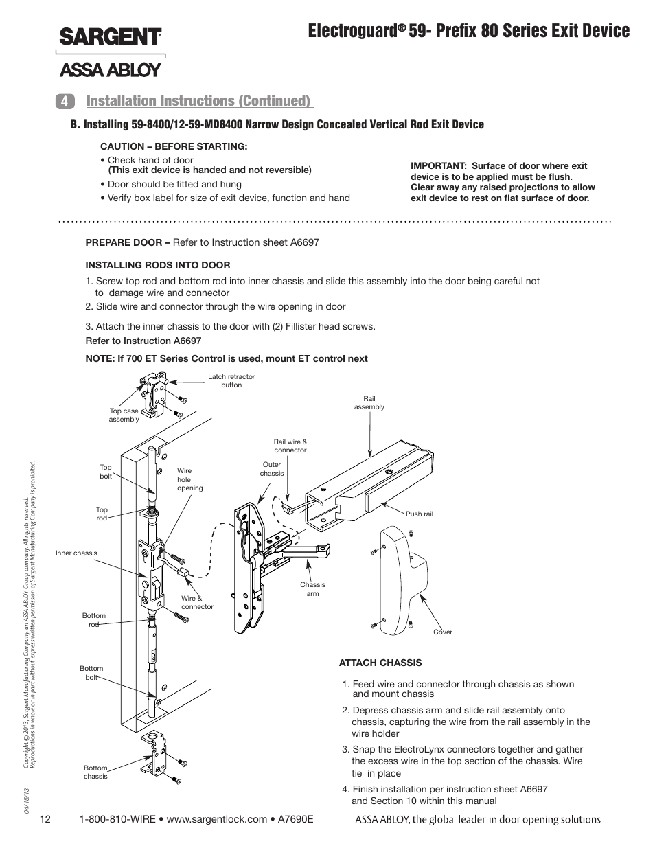 Electroguard, Prefix 80 series exit device, 4installation instructions (continued) | SARGENT FM8700 Surface Vertical Rod Exit Device User Manual | Page 12 / 36