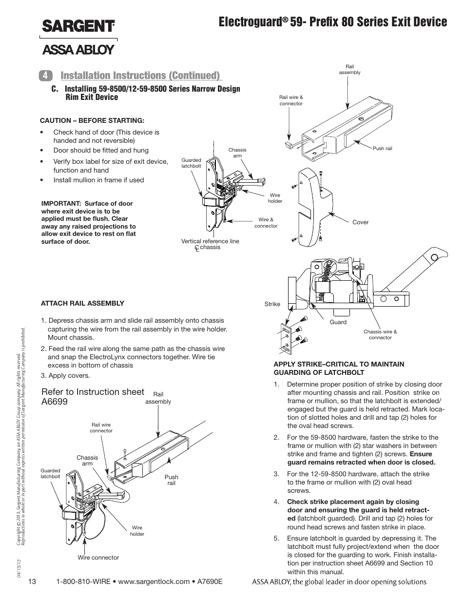 Electroguard, Prefix 80 series exit device, 4installation instructions (continued) | Refer to instruction sheet a6699 | SARGENT FM8700 Surface Vertical Rod Exit Device User Manual | Page 13 / 36