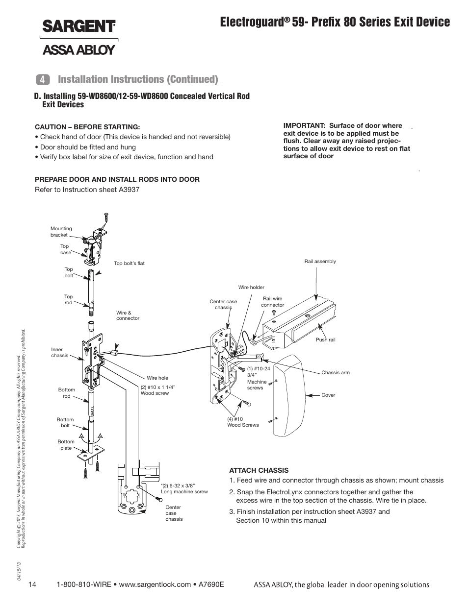 Electroguard, Prefix 80 series exit device, 4installation instructions (continued) | SARGENT FM8700 Surface Vertical Rod Exit Device User Manual | Page 14 / 36