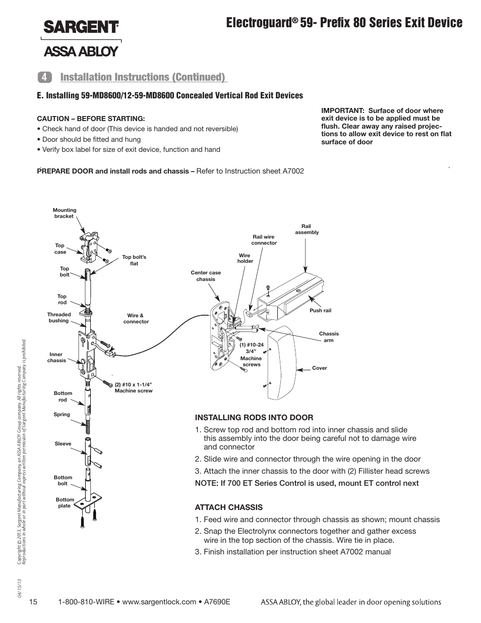 Electroguard, Prefix 80 series exit device, 4installation instructions (continued) | SARGENT FM8700 Surface Vertical Rod Exit Device User Manual | Page 15 / 36