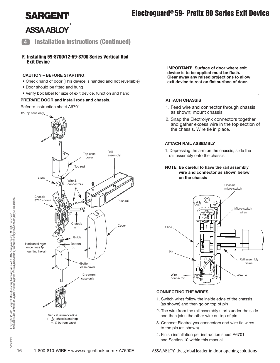 Electroguard, Prefix 80 series exit device, 4installation instructions (continued) | SARGENT FM8700 Surface Vertical Rod Exit Device User Manual | Page 16 / 36