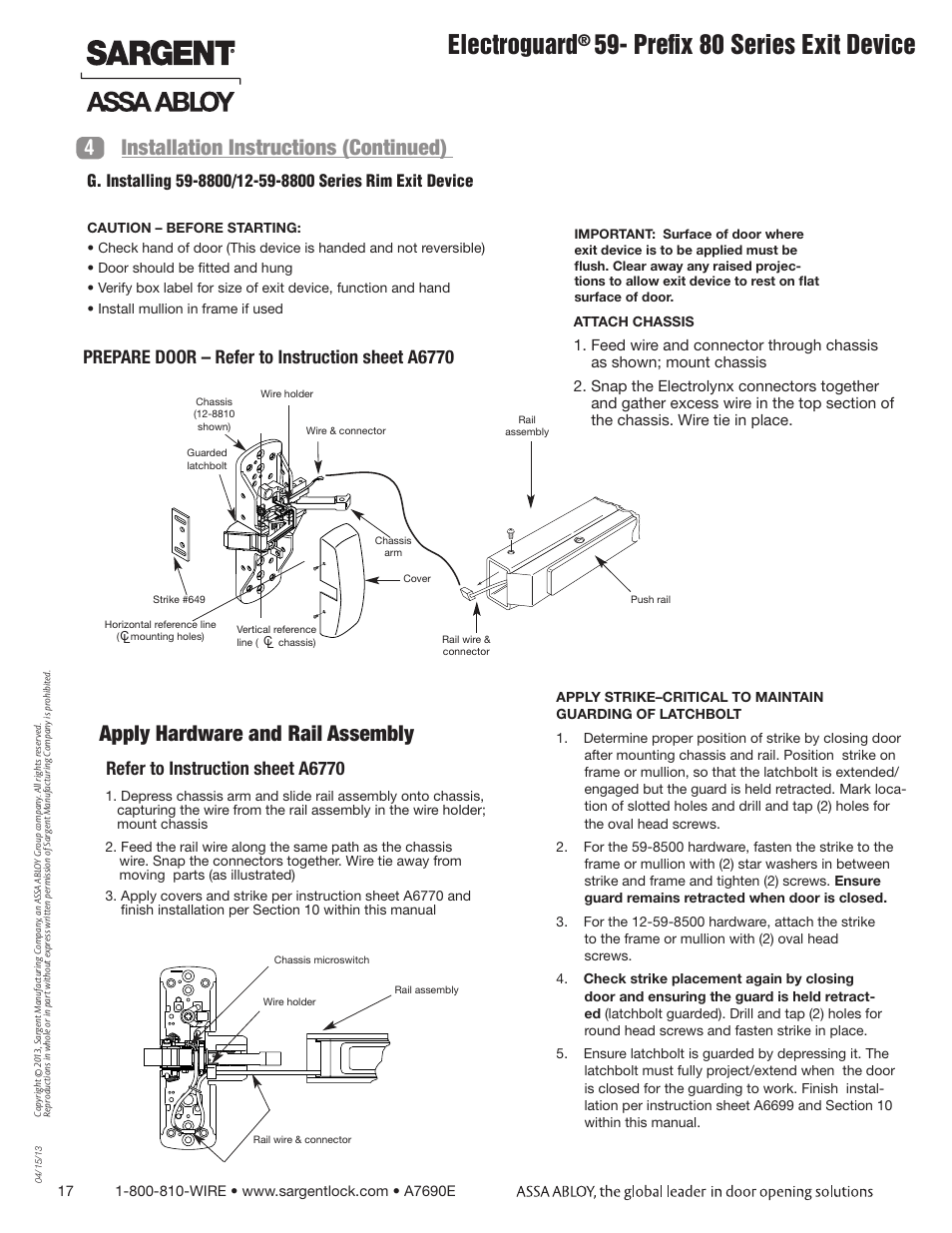 Electroguard, Prefix 80 series exit device, Apply hardware and rail assembly | 4installation instructions (continued), Prepare door – refer to instruction sheet a6770, Refer to instruction sheet a6770 | SARGENT FM8700 Surface Vertical Rod Exit Device User Manual | Page 17 / 36