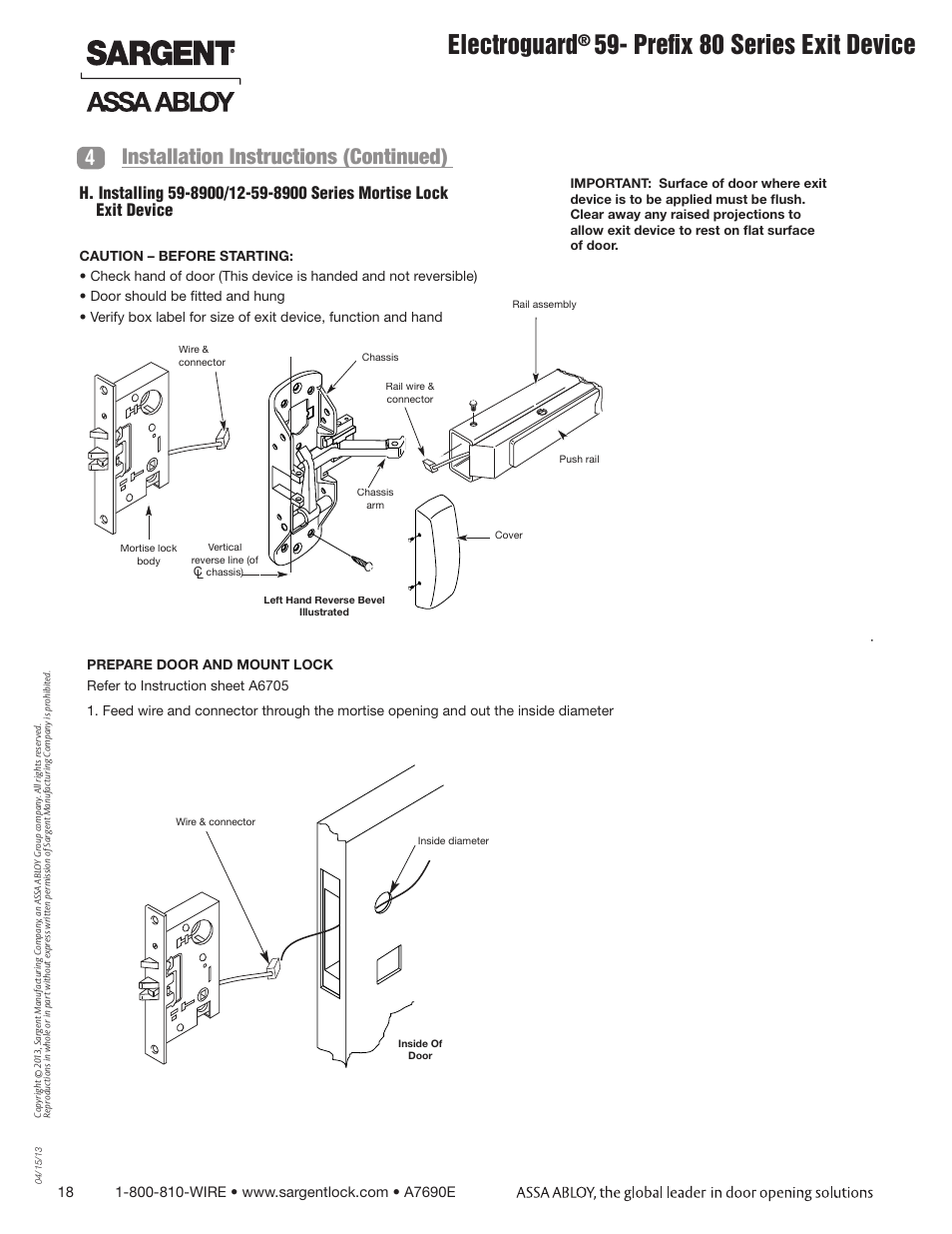 Electroguard, Prefix 80 series exit device, 4installation instructions (continued) | SARGENT FM8700 Surface Vertical Rod Exit Device User Manual | Page 18 / 36