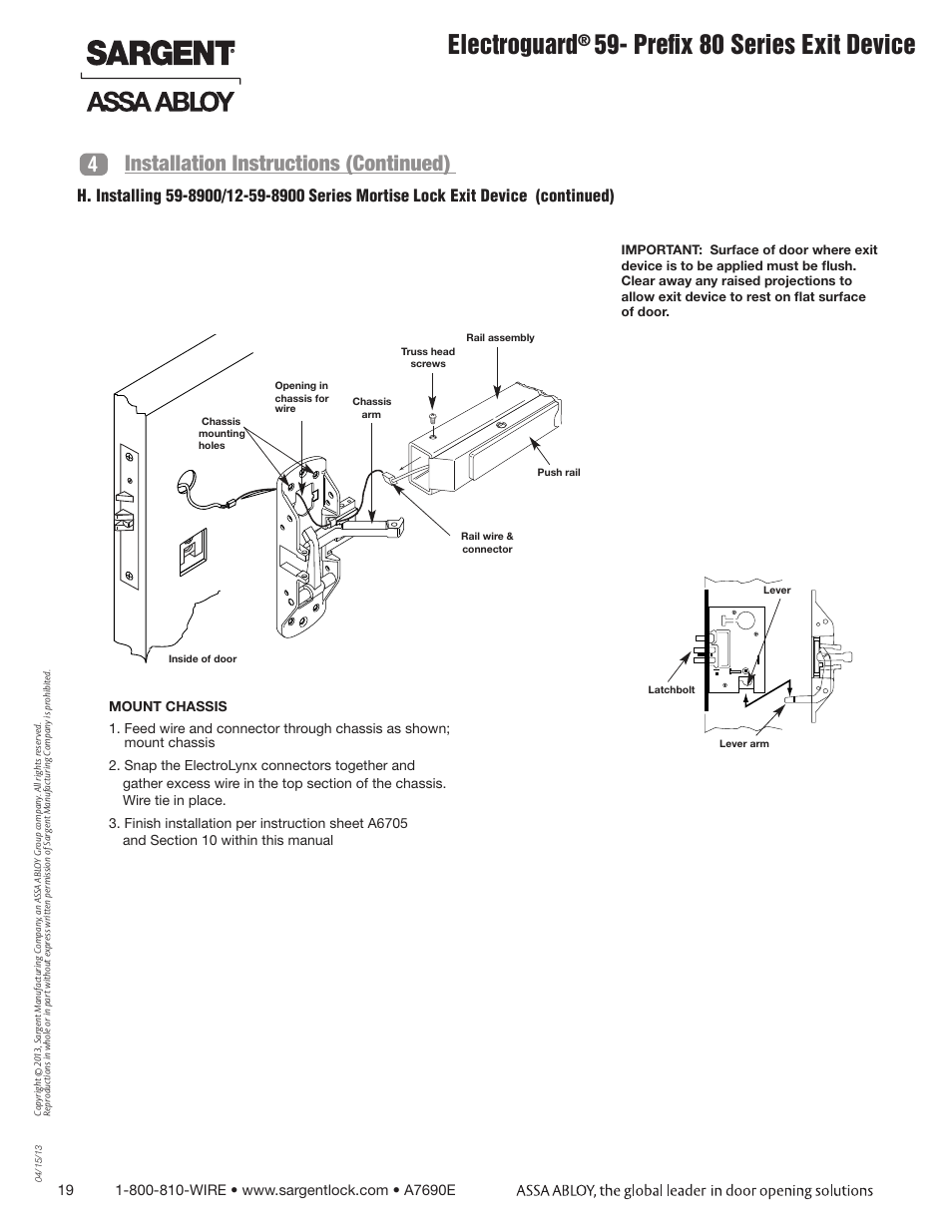 Electroguard, Prefix 80 series exit device, 4installation instructions (continued) | SARGENT FM8700 Surface Vertical Rod Exit Device User Manual | Page 19 / 36