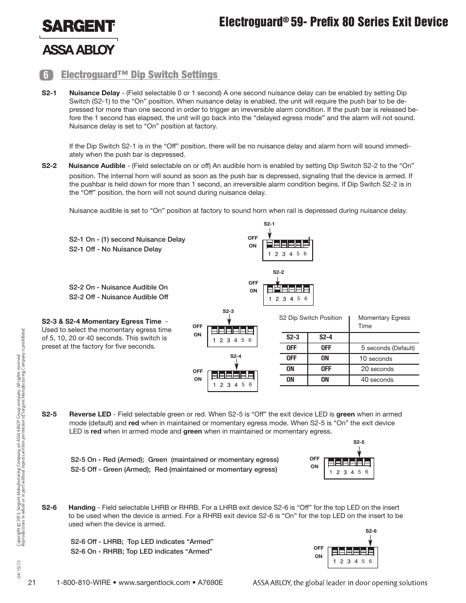 Electroguard, Prefix 80 series exit device, Electroguard™ dip switch settings 6 | SARGENT FM8700 Surface Vertical Rod Exit Device User Manual | Page 21 / 36