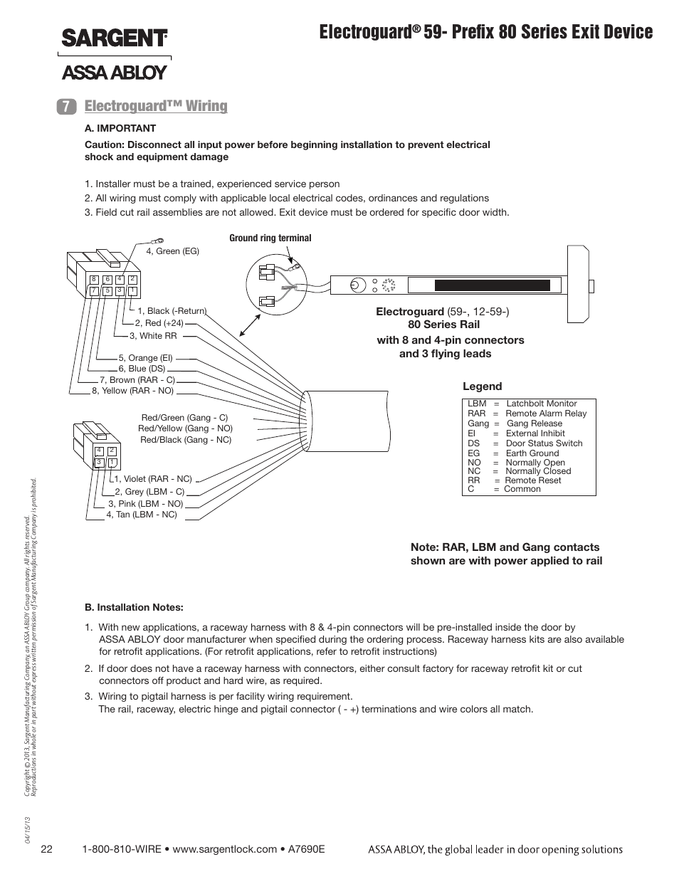 Electroguard, Prefix 80 series exit device, Electroguard™ wiring | SARGENT FM8700 Surface Vertical Rod Exit Device User Manual | Page 22 / 36