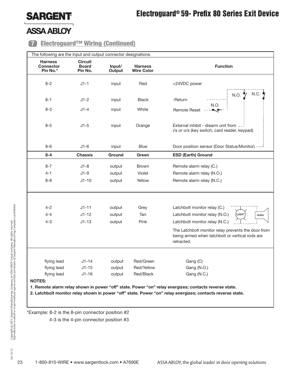 Electroguard, Prefix 80 series exit device, Electroguard™ wiring (continued) 7 | SARGENT FM8700 Surface Vertical Rod Exit Device User Manual | Page 23 / 36