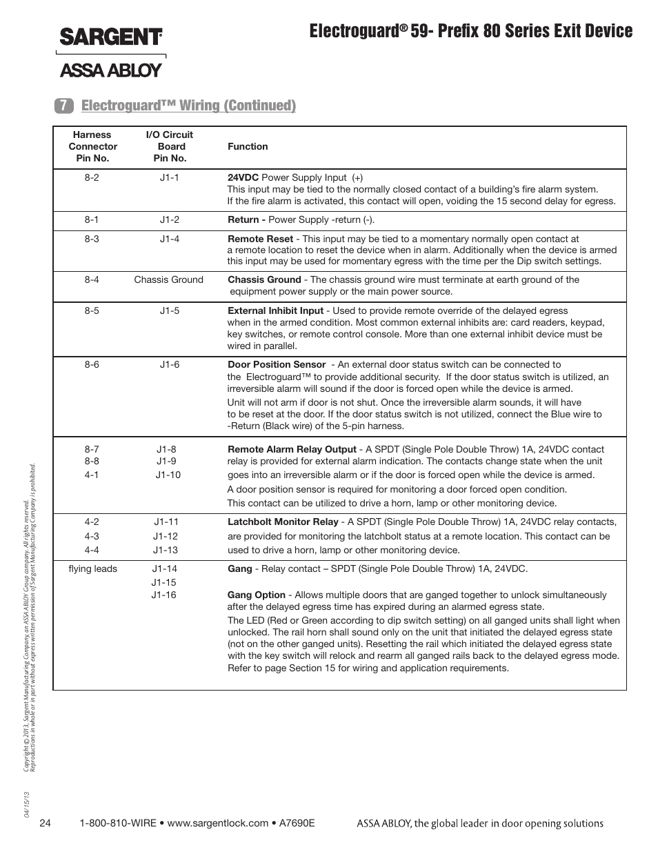 Electroguard, Prefix 80 series exit device, Electroguard™ wiring (continued) 7 | SARGENT FM8700 Surface Vertical Rod Exit Device User Manual | Page 24 / 36