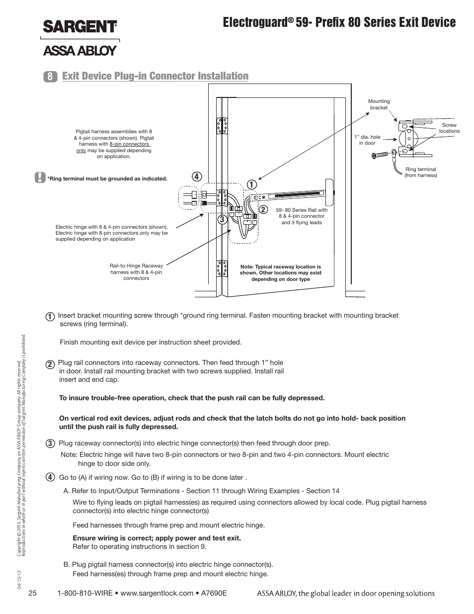 Electroguard, Prefix 80 series exit device, Exit device plug-in connector installation | SARGENT FM8700 Surface Vertical Rod Exit Device User Manual | Page 25 / 36