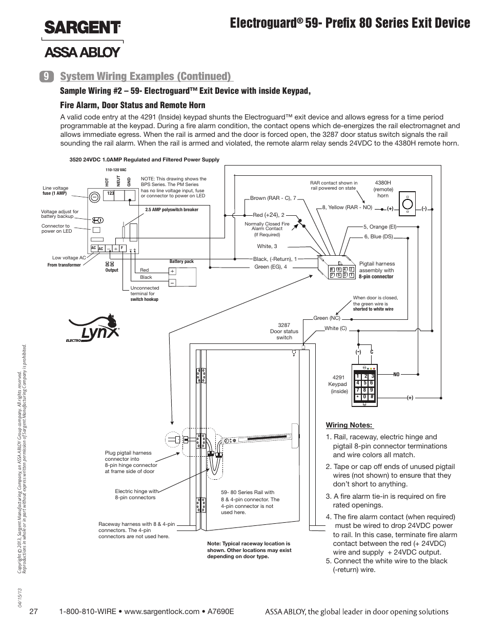 Electroguard, Prefix 80 series exit device, System wiring examples (continued) 9 | SARGENT FM8700 Surface Vertical Rod Exit Device User Manual | Page 27 / 36