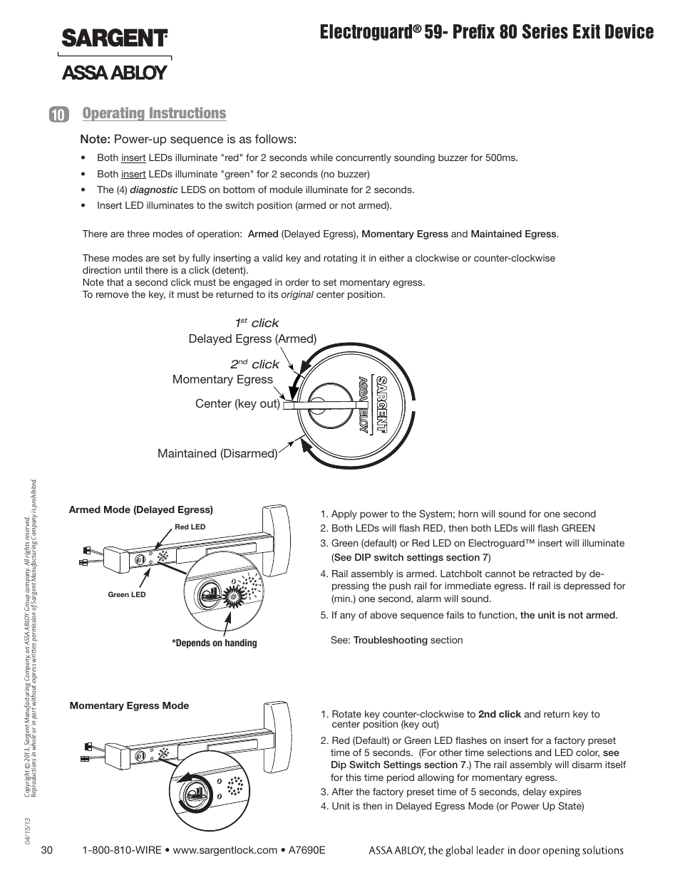 Electroguard, Prefix 80 series exit device, Operating instructions | SARGENT FM8700 Surface Vertical Rod Exit Device User Manual | Page 30 / 36