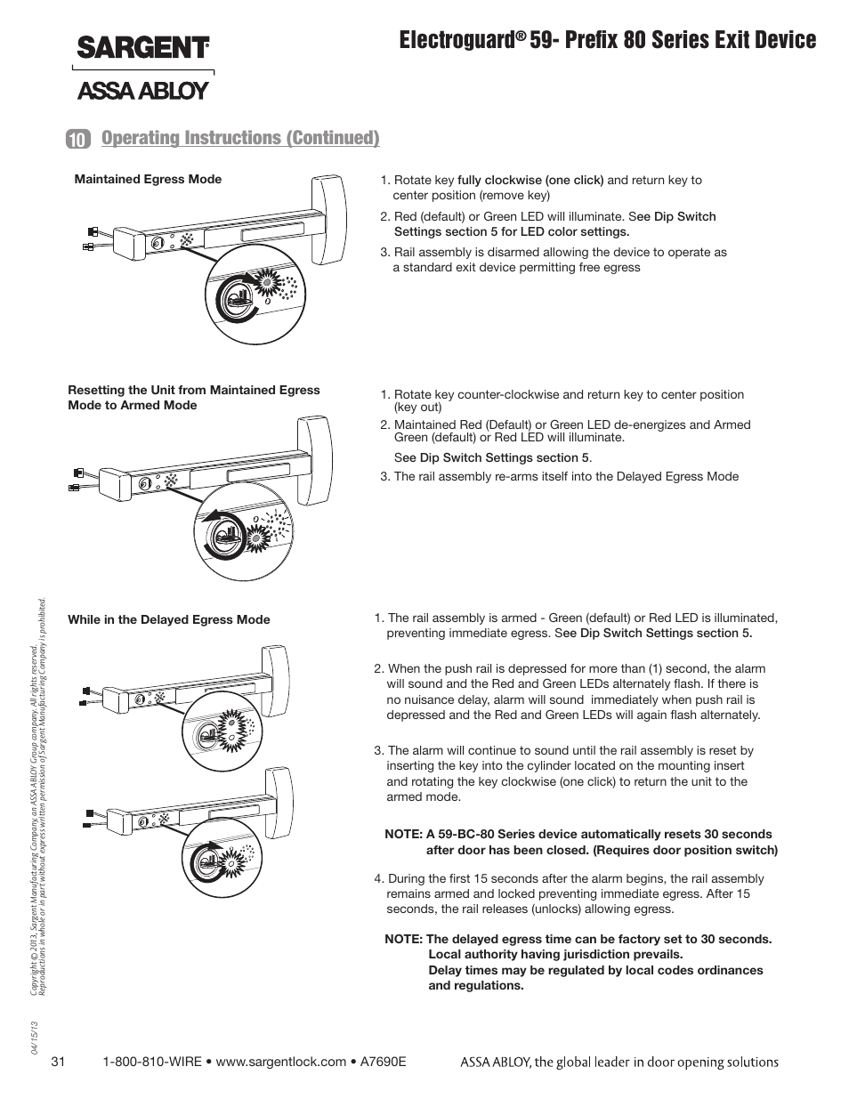 Electroguard, Prefix 80 series exit device, Operating instructions (continued) 10 | SARGENT FM8700 Surface Vertical Rod Exit Device User Manual | Page 31 / 36