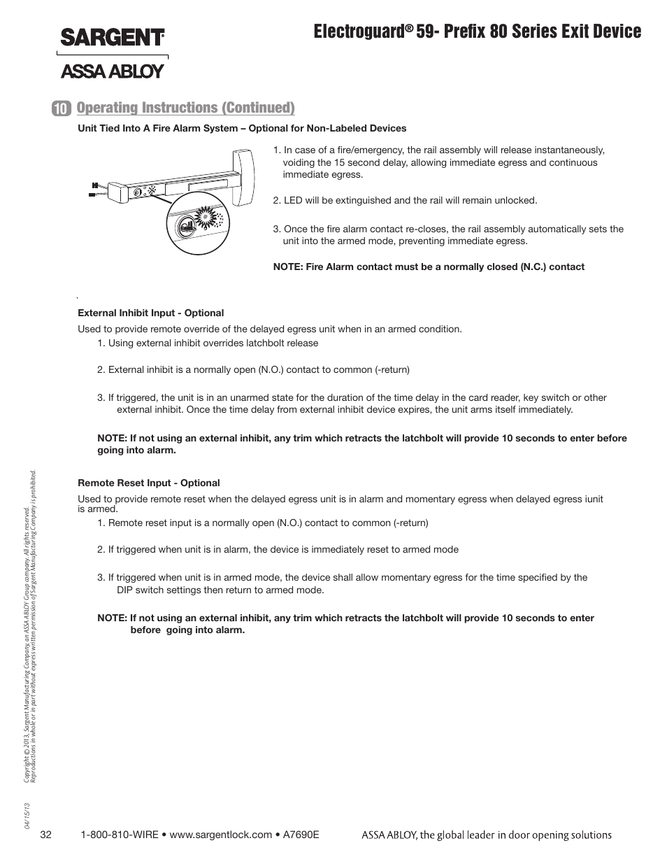 Electroguard, Prefix 80 series exit device, Operating instructions (continued) | SARGENT FM8700 Surface Vertical Rod Exit Device User Manual | Page 32 / 36