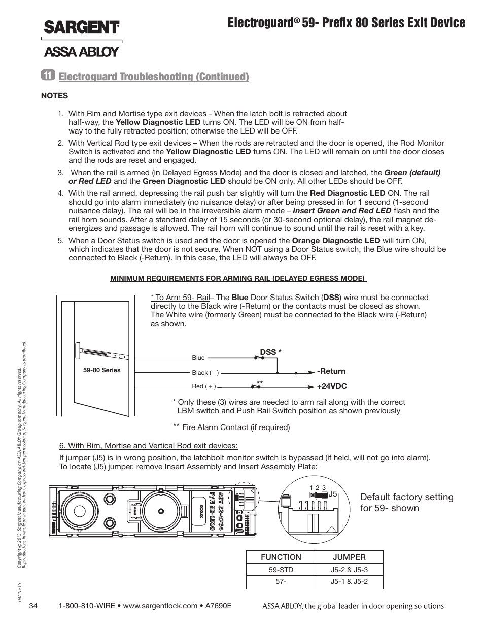 Electroguard, Prefix 80 series exit device, Electroguard troubleshooting (continued) | Default factory setting for 59- shown | SARGENT FM8700 Surface Vertical Rod Exit Device User Manual | Page 34 / 36