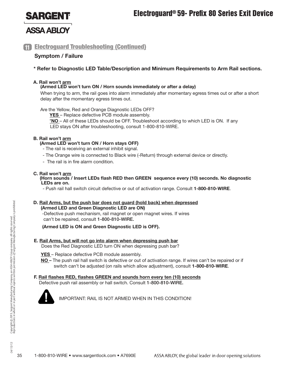 Electroguard, Prefix 80 series exit device, Electroguard troubleshooting (continued) | Symptom / failure | SARGENT FM8700 Surface Vertical Rod Exit Device User Manual | Page 35 / 36