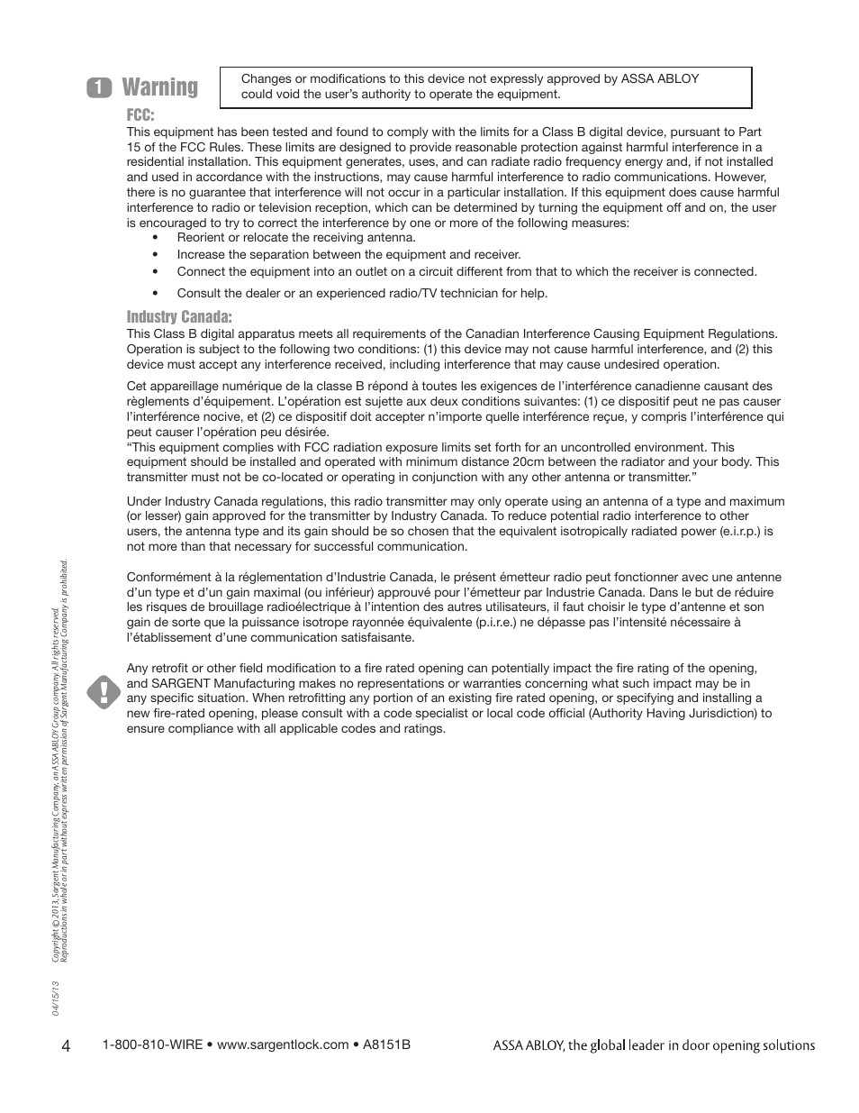 Warning, Industry canada | SARGENT FM8700 Surface Vertical Rod Exit Device User Manual | Page 4 / 36