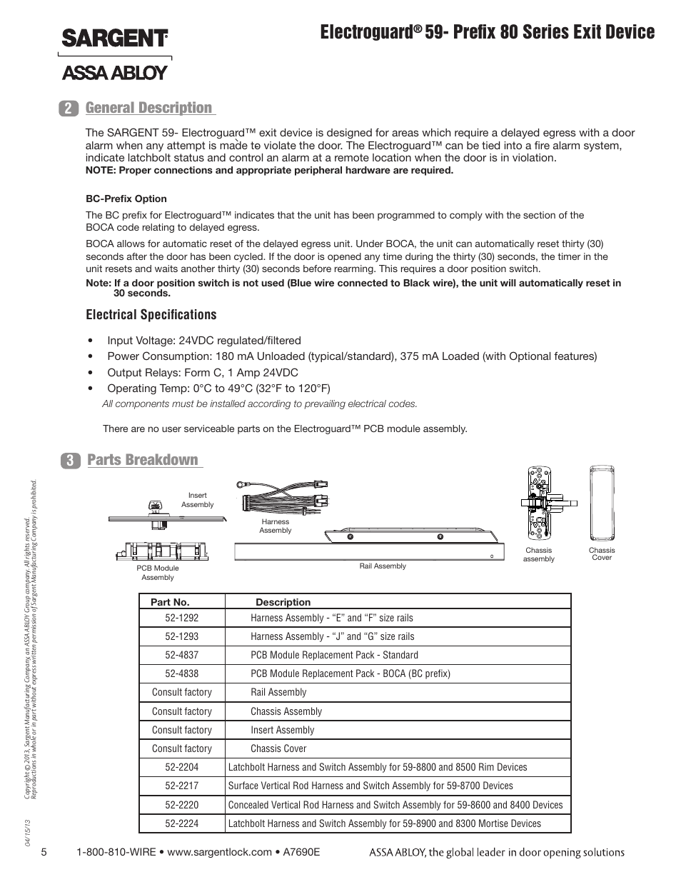 Electroguard, Prefix 80 series exit device, 2general description | Parts breakdown 3, Electrical specifications | SARGENT FM8700 Surface Vertical Rod Exit Device User Manual | Page 5 / 36