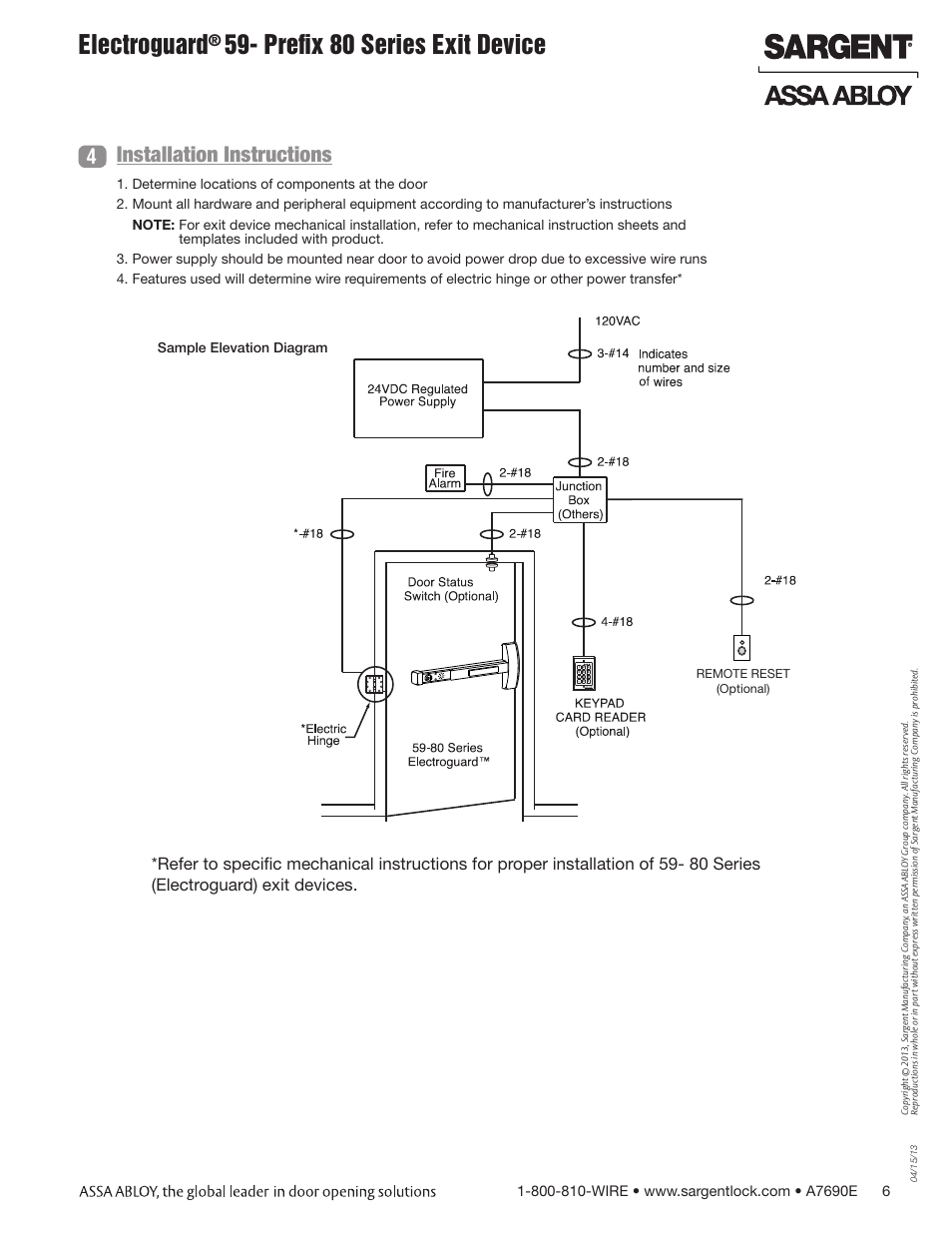 Electroguard, Prefix 80 series exit device, Installation instructions | Sample elevation diagram | SARGENT FM8700 Surface Vertical Rod Exit Device User Manual | Page 6 / 36