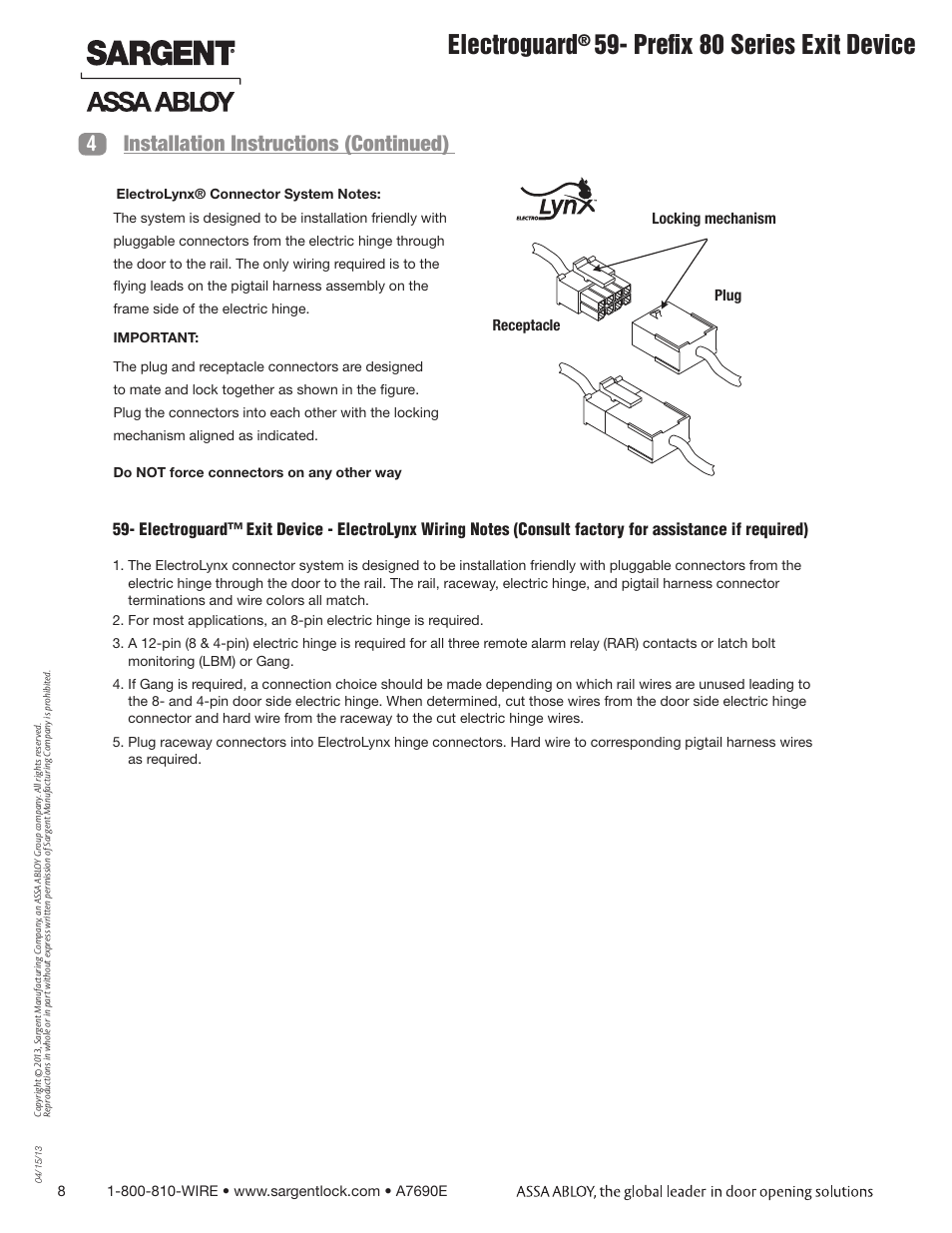 Electroguard, Prefix 80 series exit device, 4installation instructions (continued) | SARGENT FM8700 Surface Vertical Rod Exit Device User Manual | Page 8 / 36