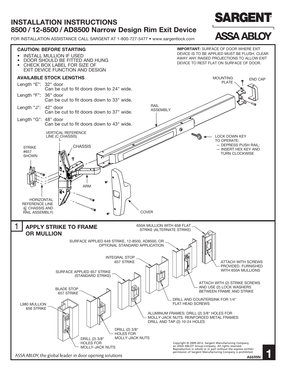 SARGENT 8500 Narrow Design Rim Exit Device User Manual | 4 pages