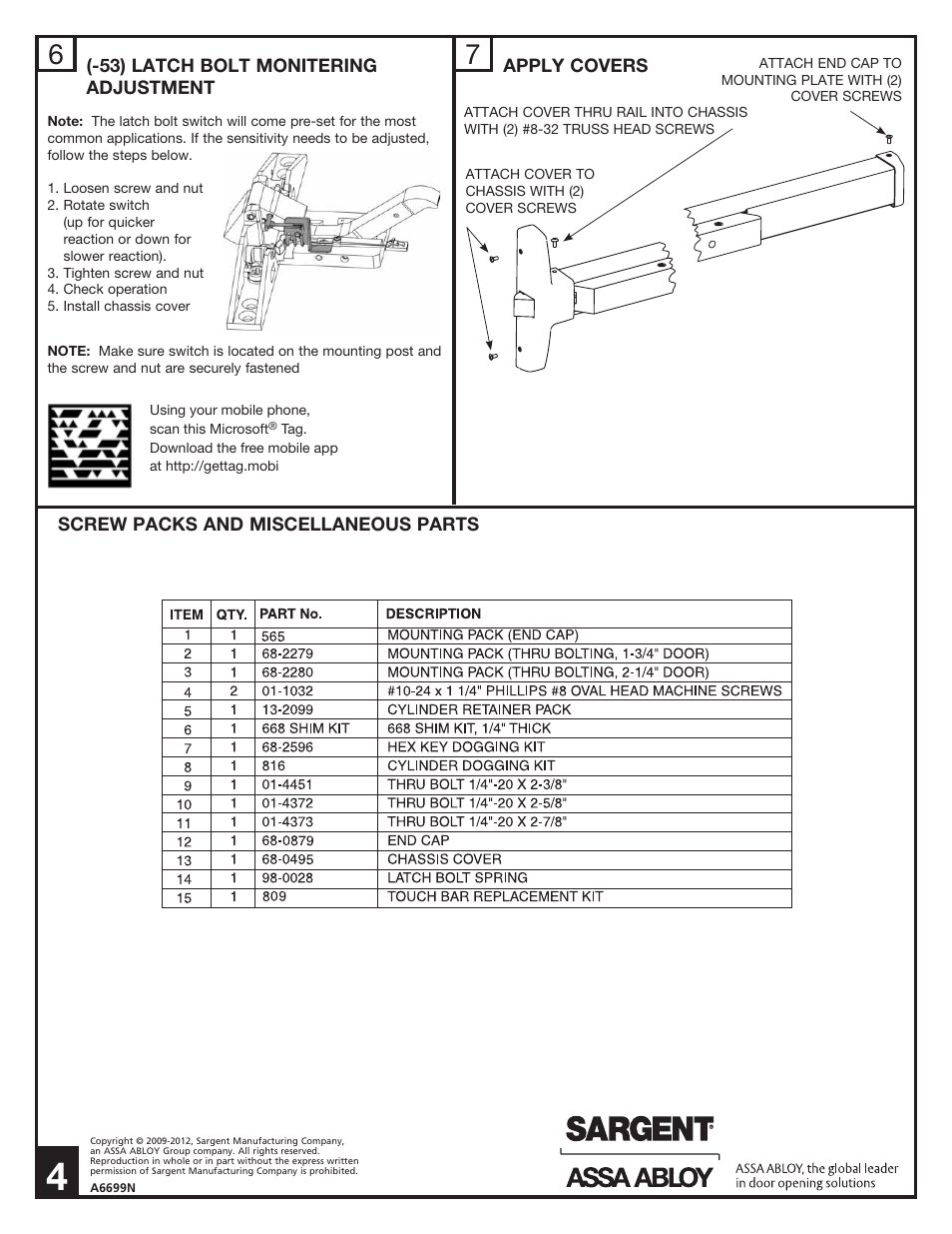 SARGENT 8500 Narrow Design Rim Exit Device User Manual | Page 4 / 4
