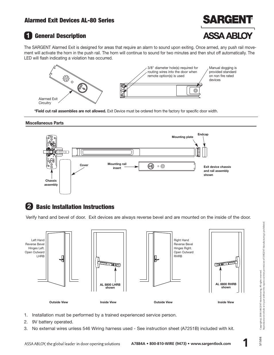 Alarmed exit devices al-80 series, General description, Basic installation instructions | SARGENT AL - Alarmed Exit User Manual | Page 3 / 6