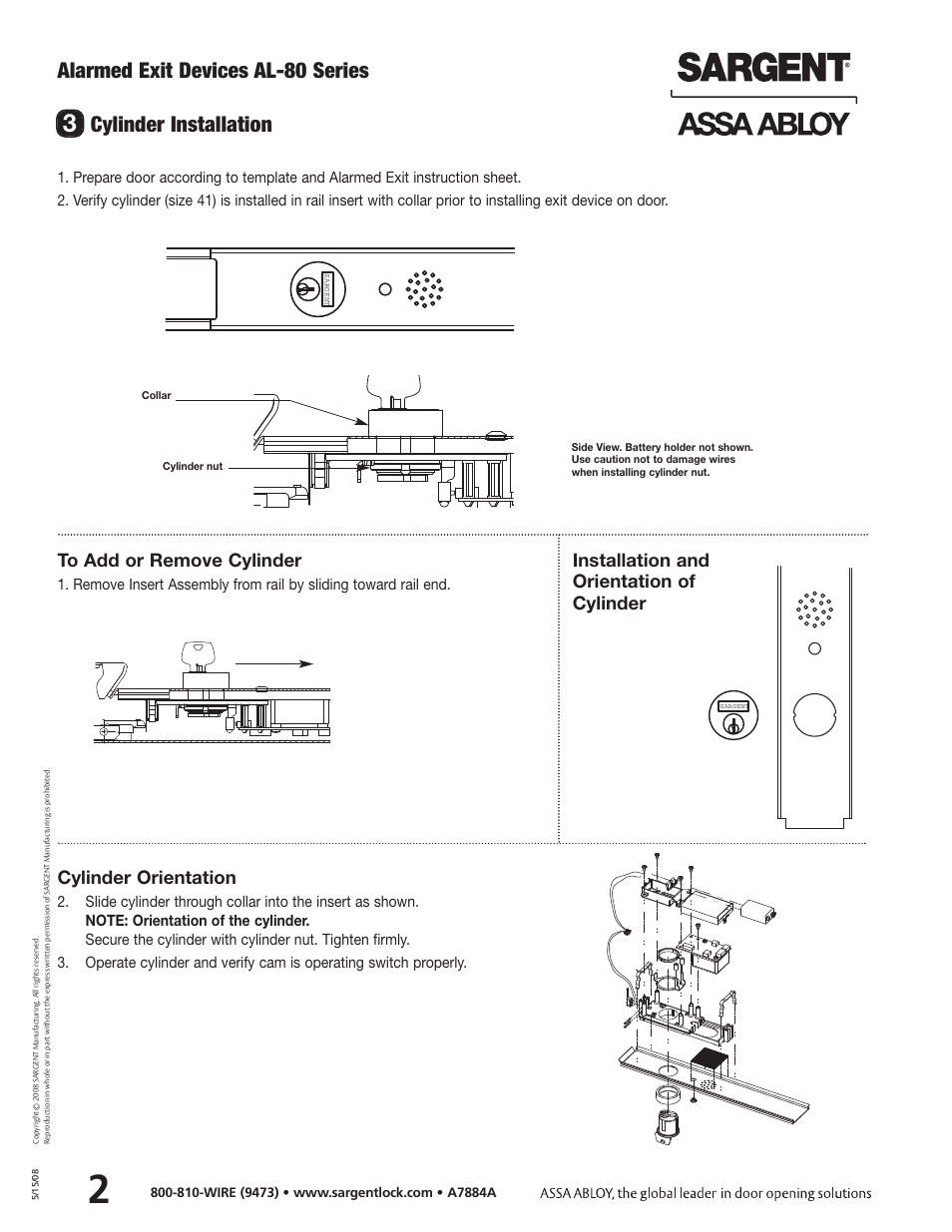 Alarmed exit devices al-80 series, Cylinder installation, Cylinder orientation | SARGENT AL - Alarmed Exit User Manual | Page 4 / 6