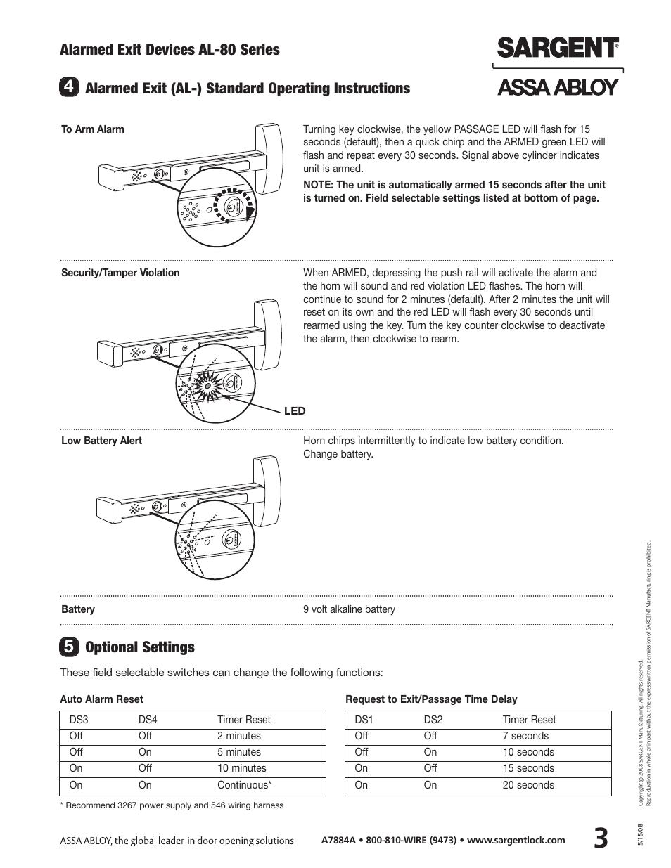 Alarmed exit devices al-80 series, Alarmed exit (al-) standard operating instructions, Optional settings | SARGENT AL - Alarmed Exit User Manual | Page 5 / 6