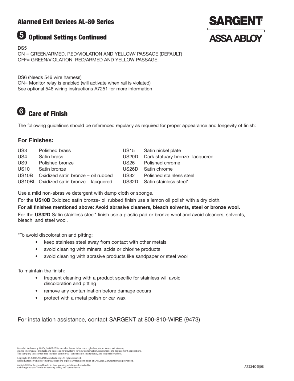 Alarmed exit devices al-80 series, Care of finish, Optional settings continued | SARGENT AL - Alarmed Exit User Manual | Page 6 / 6