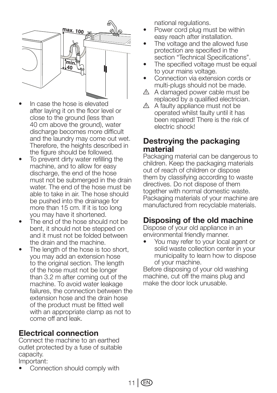 Electrical connection, Destroying the packaging material, Disposing of the old machine | Beko AUTOMATIC WASHING MACHINE WM 7335 W User Manual | Page 11 / 36