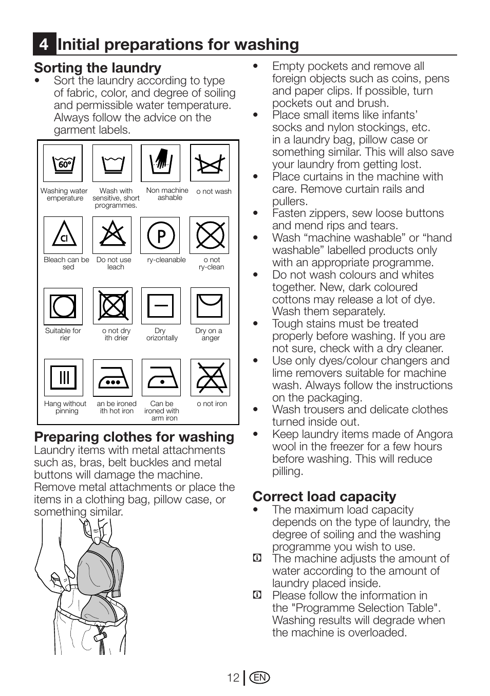 4initial preparations for washing, Sorting the laundry, Preparing clothes for washing | Correct load capacity | Beko AUTOMATIC WASHING MACHINE WM 7335 W User Manual | Page 12 / 36