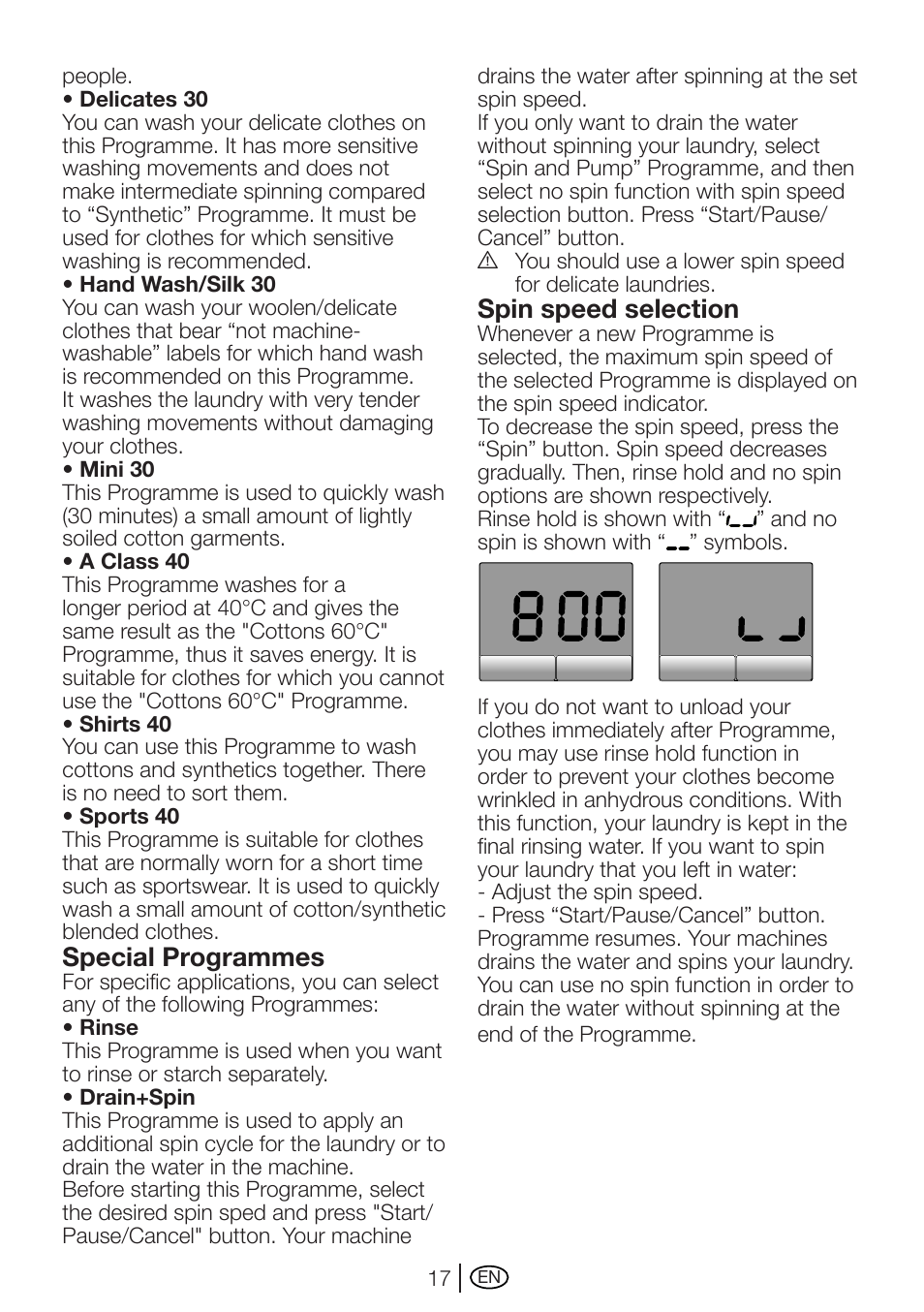 Special programmes, Spin speed selection | Beko AUTOMATIC WASHING MACHINE WM 7335 W User Manual | Page 17 / 36