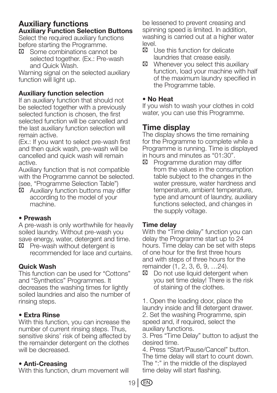 Auxiliary functions, Time display | Beko AUTOMATIC WASHING MACHINE WM 7335 W User Manual | Page 19 / 36