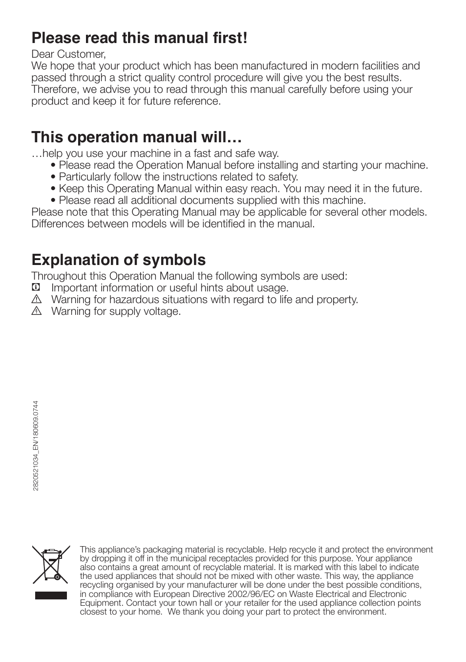 Please read this manual first, This operation manual will, Explanation of symbols | Beko AUTOMATIC WASHING MACHINE WM 7335 W User Manual | Page 2 / 36