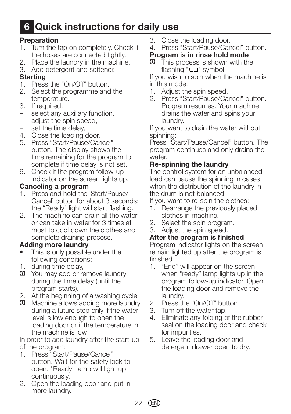 6quick instructions for daily use | Beko AUTOMATIC WASHING MACHINE WM 7335 W User Manual | Page 22 / 36