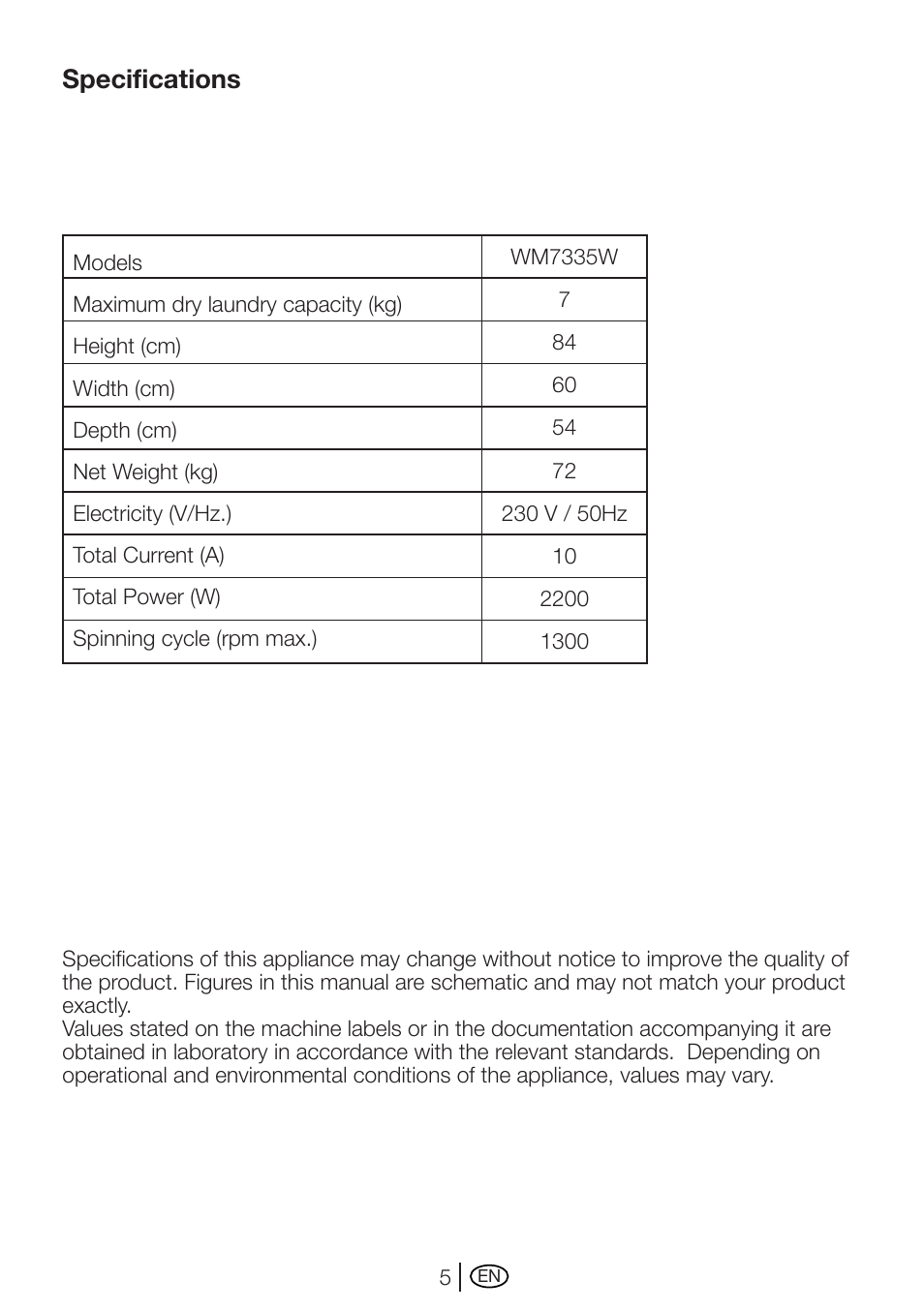 Specifications | Beko AUTOMATIC WASHING MACHINE WM 7335 W User Manual | Page 5 / 36